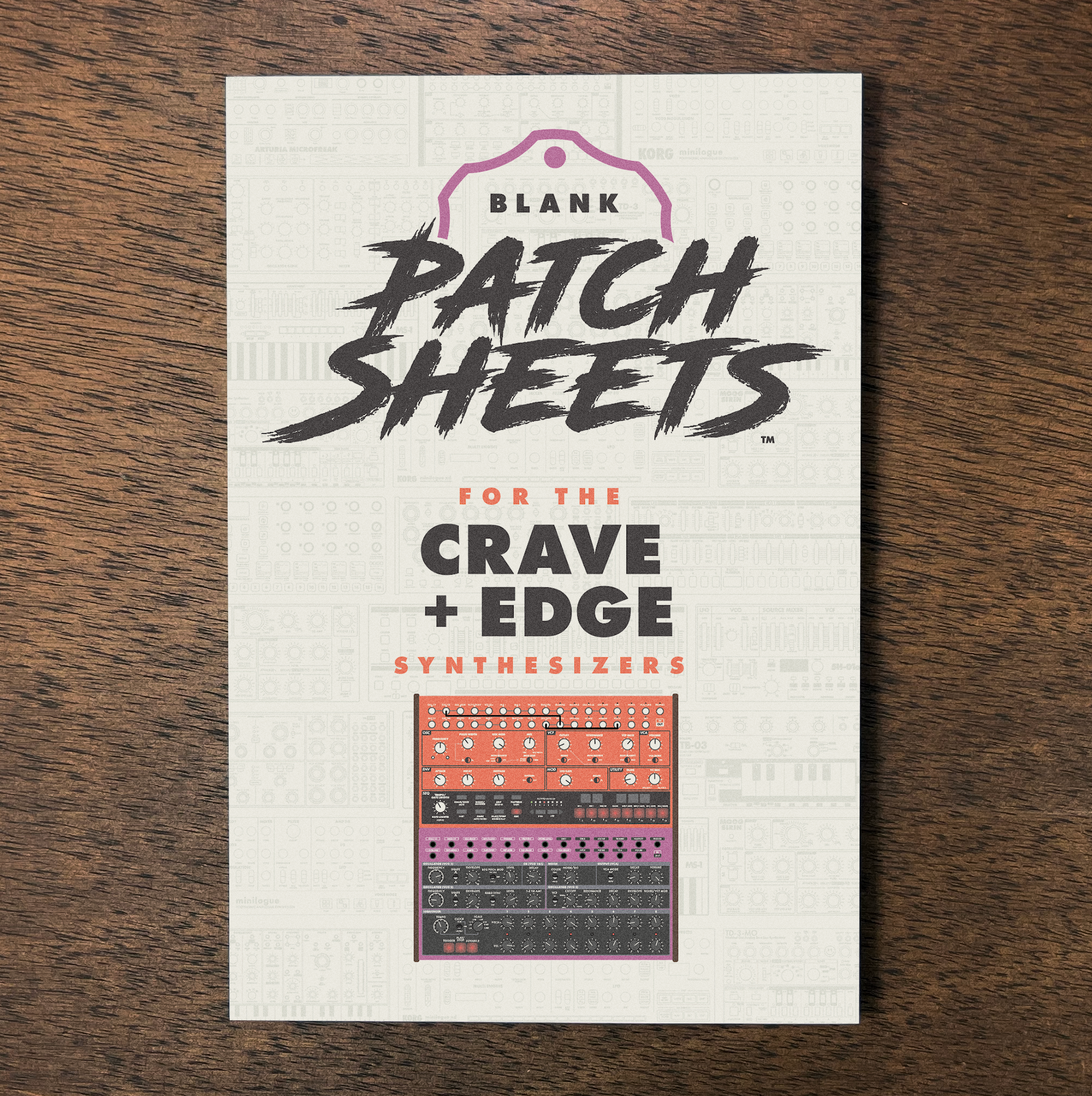 Blank Patch Sheets Notebook cover for the  Crave + Edge synthesizer, on a wooden surface.