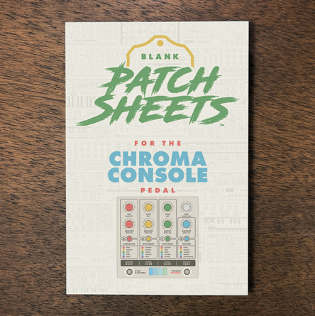 Hologram Chroma Console pedal Blank Patch Sheets Notebook laying on a wood table