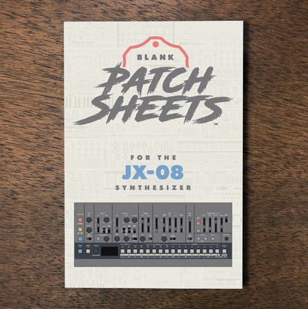 Roland JX-08 synthesizer Blank Patch Sheets Notebook laying on a wood table