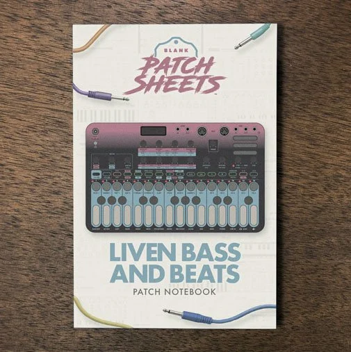 Sonicware Liven Bass & Beats Blank Patch Sheets Notebook on a dark wood desk