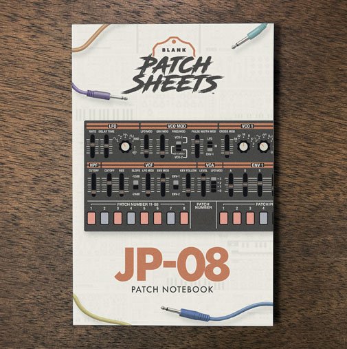 Roland JP-08 Blank Patch Sheets Notebook on a dark wood desk