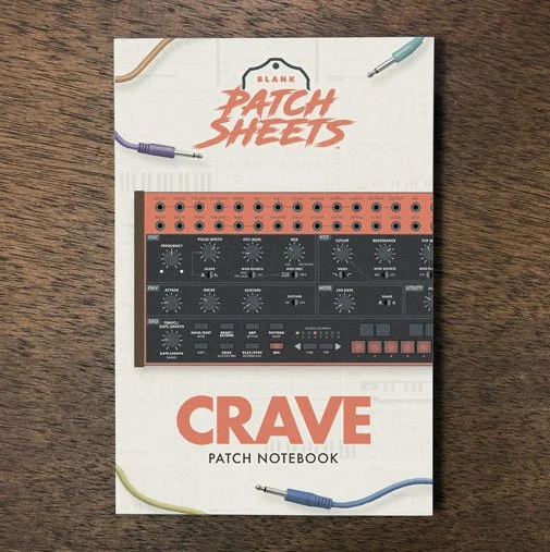 Behringer Crave Blank Patch Sheets Notebook on a dark wood desk