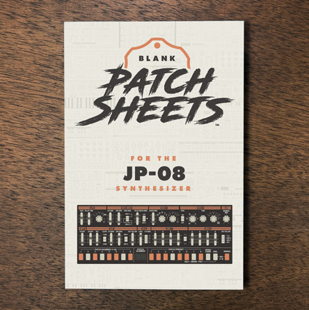 Roland JP-08 synthesizer Blank Patch Sheets Notebook laying on a wood table