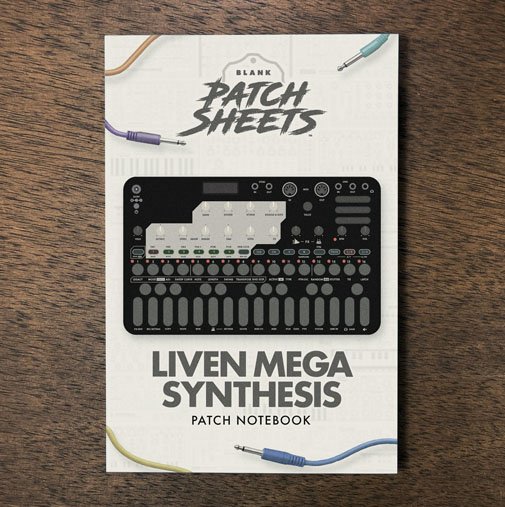 Soniceware Liven Mega Synthesis Blank Patch Sheets Notebook on a dark wood desk