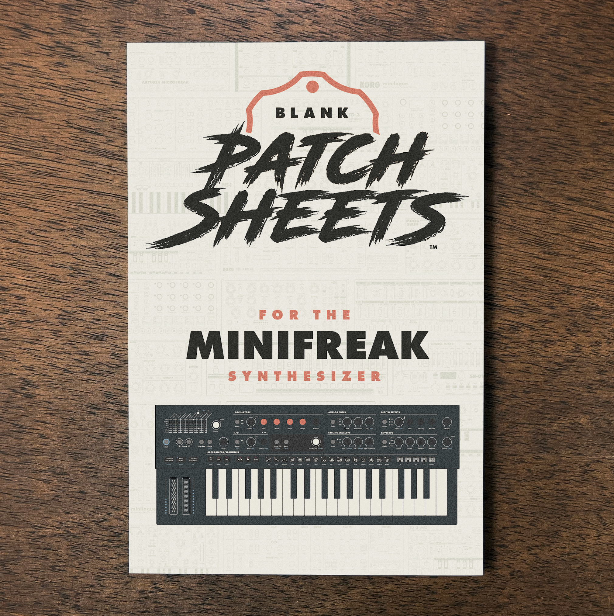 Blank Patch Sheets Notebook cover for the Minifreak synthesizer, on a wooden surface.