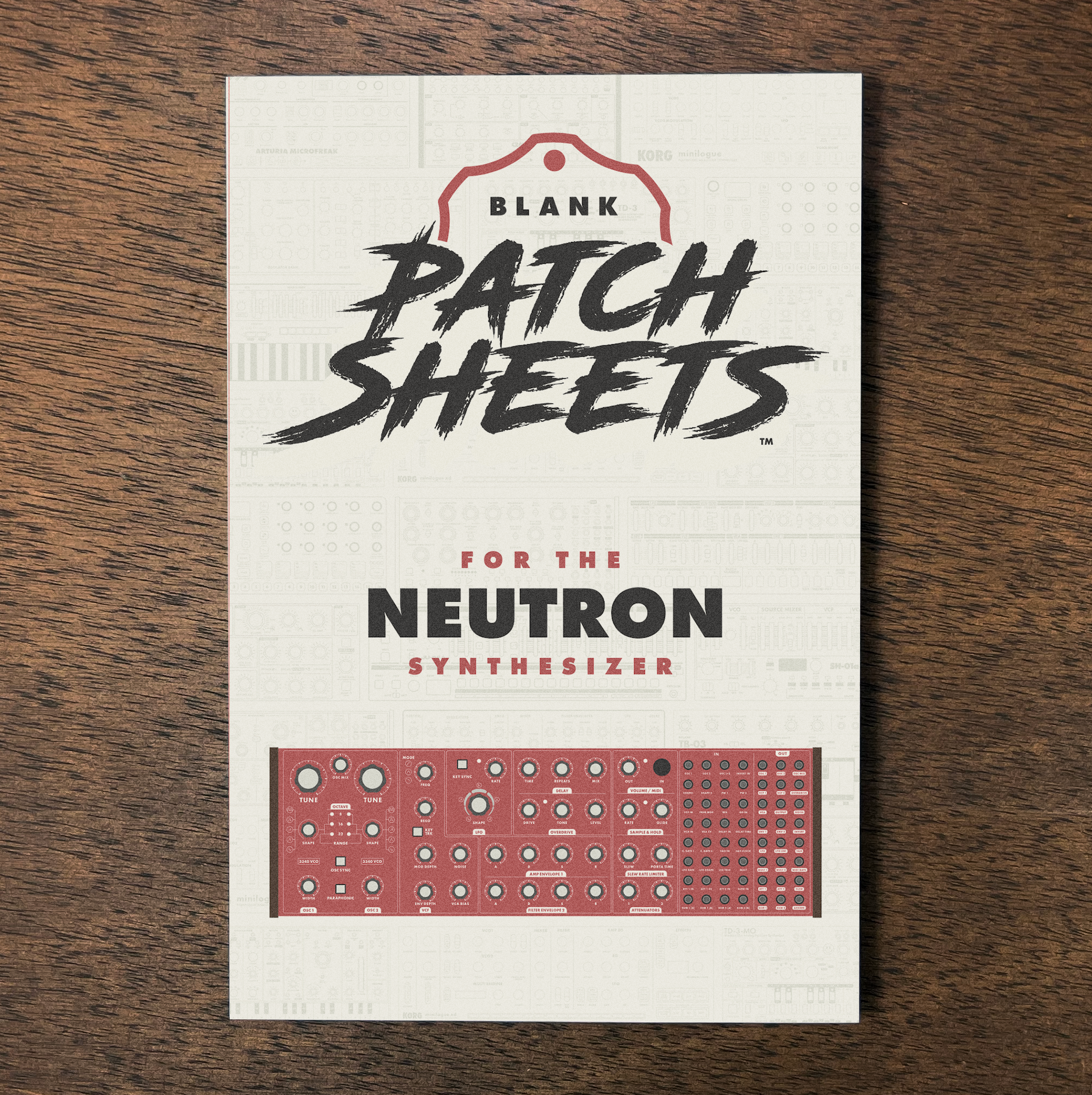 Brochure or flyer for patch sheets for the Neutron synthesizer, featuring a red circuit board image at the bottom and stylized text on a light background.