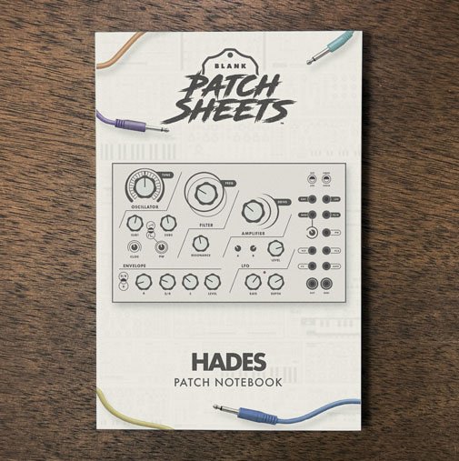 Dreadbox Hades Blank Patch Sheets Notebook on a dark wood desk