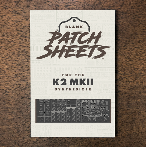Behringer K2 MKII synthesizer Blank Patch Sheets Notebook laying on a wood table