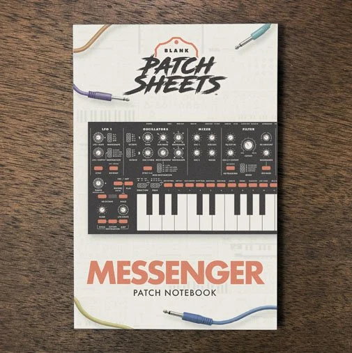 Moog Messenger Blank Patch Sheets Notebook on a dark wood desk