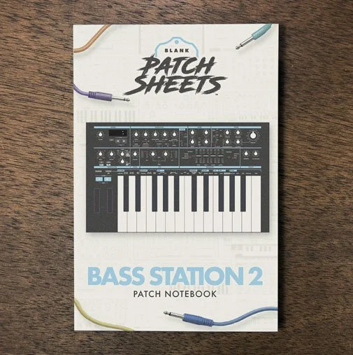 Novation Bass Station 2 Blank Patch Sheets Notebook on a dark wood desk