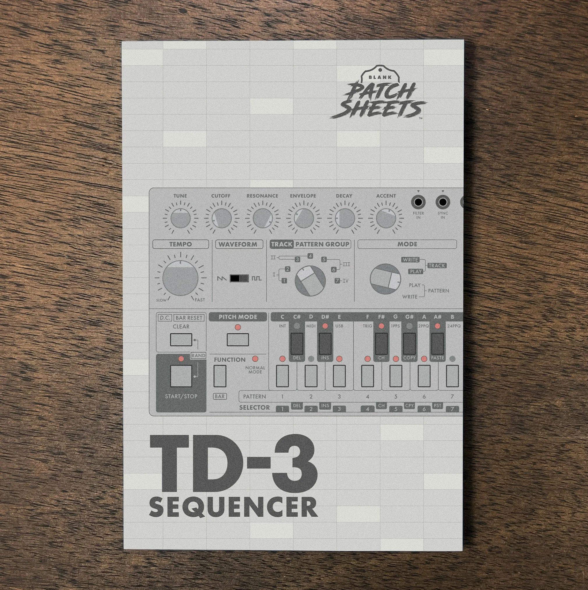 Behringer TD-3 Sequencer notebook on wood
