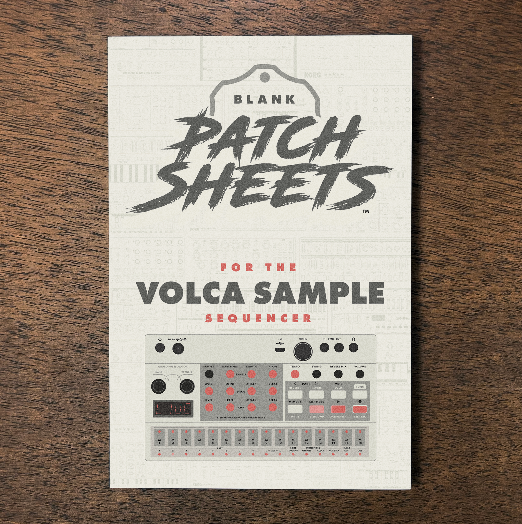 Envelope for a Volca Sample sequencer with Patch Sheets label on a wooden surface.