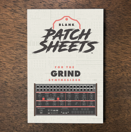 Behringer Grind synthesizer Blank Patch Sheets Notebook laying on a wood table