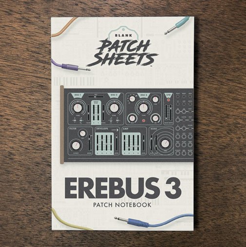 Dreadbox Erebus 3 Blank Patch Sheets Notebook on a dark wood desk