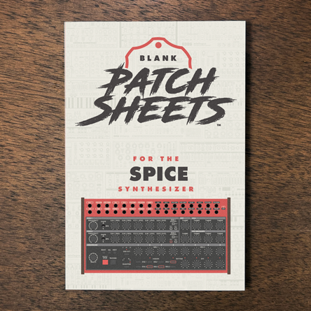 Behringer Spice synthesizer Blank Patch Sheets Notebook laying on a wood table