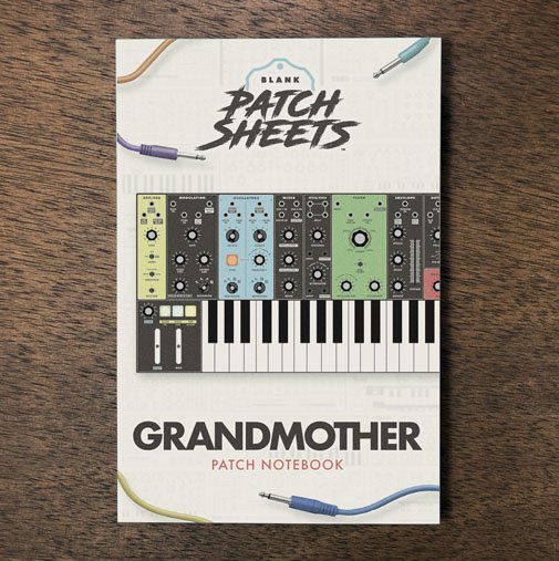 Moog Grandmother Blank Patch Sheets Notebook on a dark wood desk