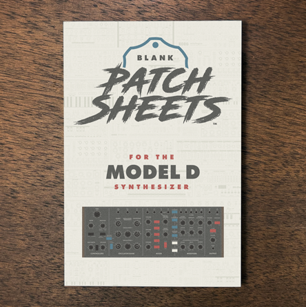 Behringer Model D synthesizer Blank Patch Sheets Notebook laying on a wood table