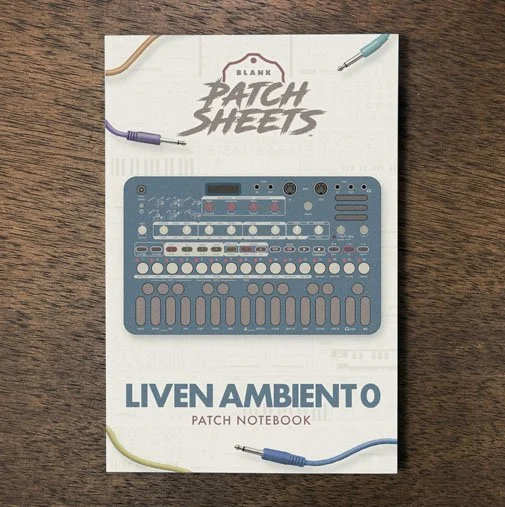 Sonicware Liven Ambient 0 Blank Patch Sheets Notebook on a dark wood desk