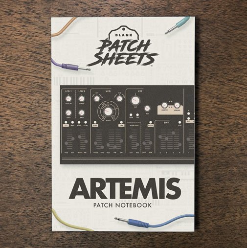 Dreadbox Artemis Blank Patch Sheets Notebook on a dark wood desk