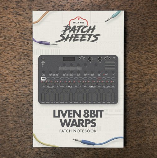 Sonicware Liven 8bit Warps Blank Patch Sheets Notebook on a dark wood desk