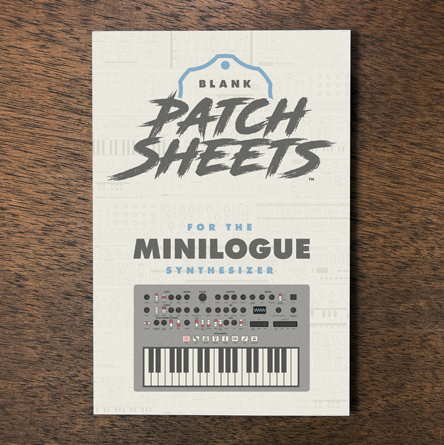 Korg Minilogue synthesizer Blank Patch Sheets Notebook laying on a wood table