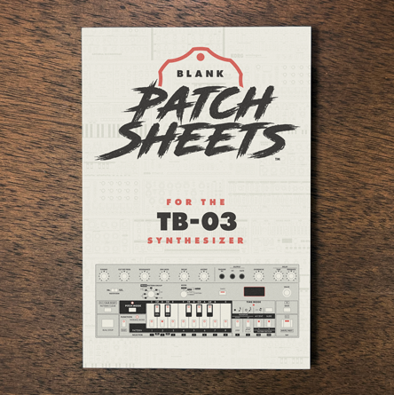Roland TB-03 synthesizer Blank Patch Sheets Notebook laying on a wood table