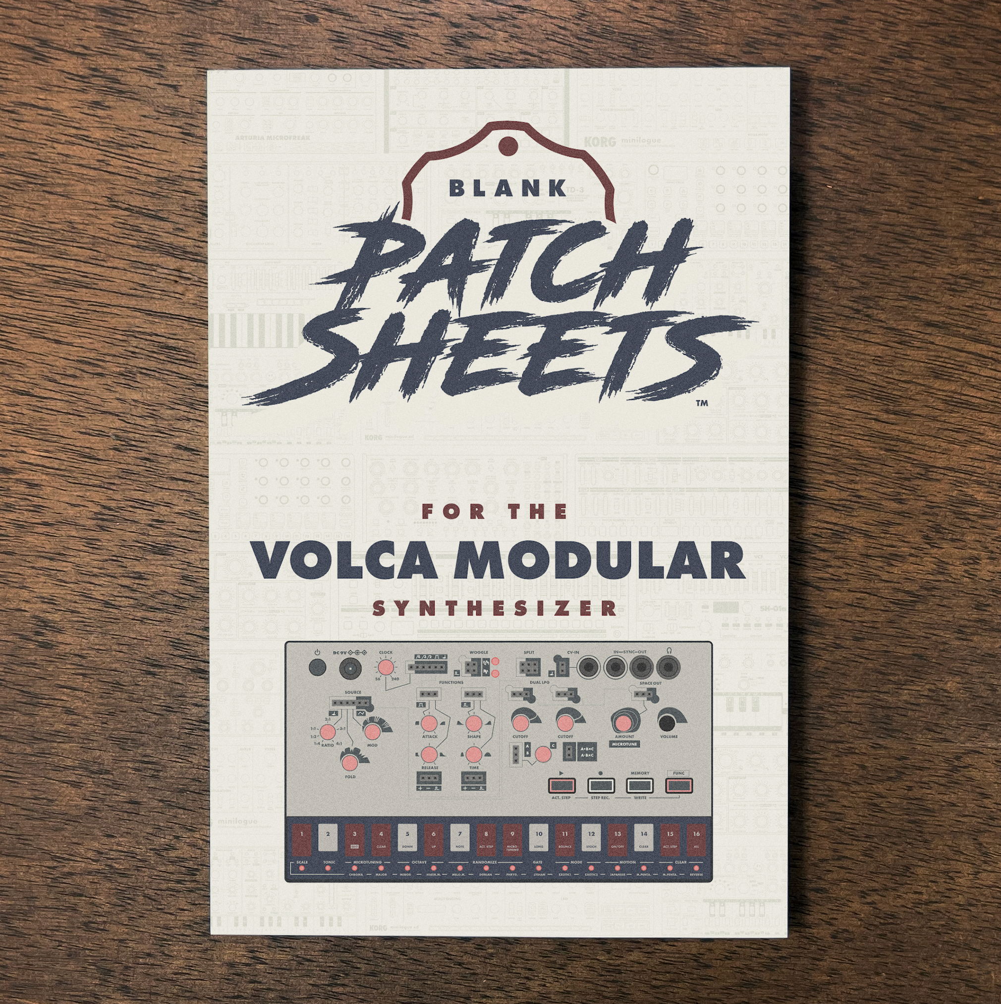 A product package for blank patch sheets designed for the Volca Modular synthesizer. The package features a graphic of the synthesizer with various knobs and controls, and has text indicating it is patch sheets for the Volca Modular.