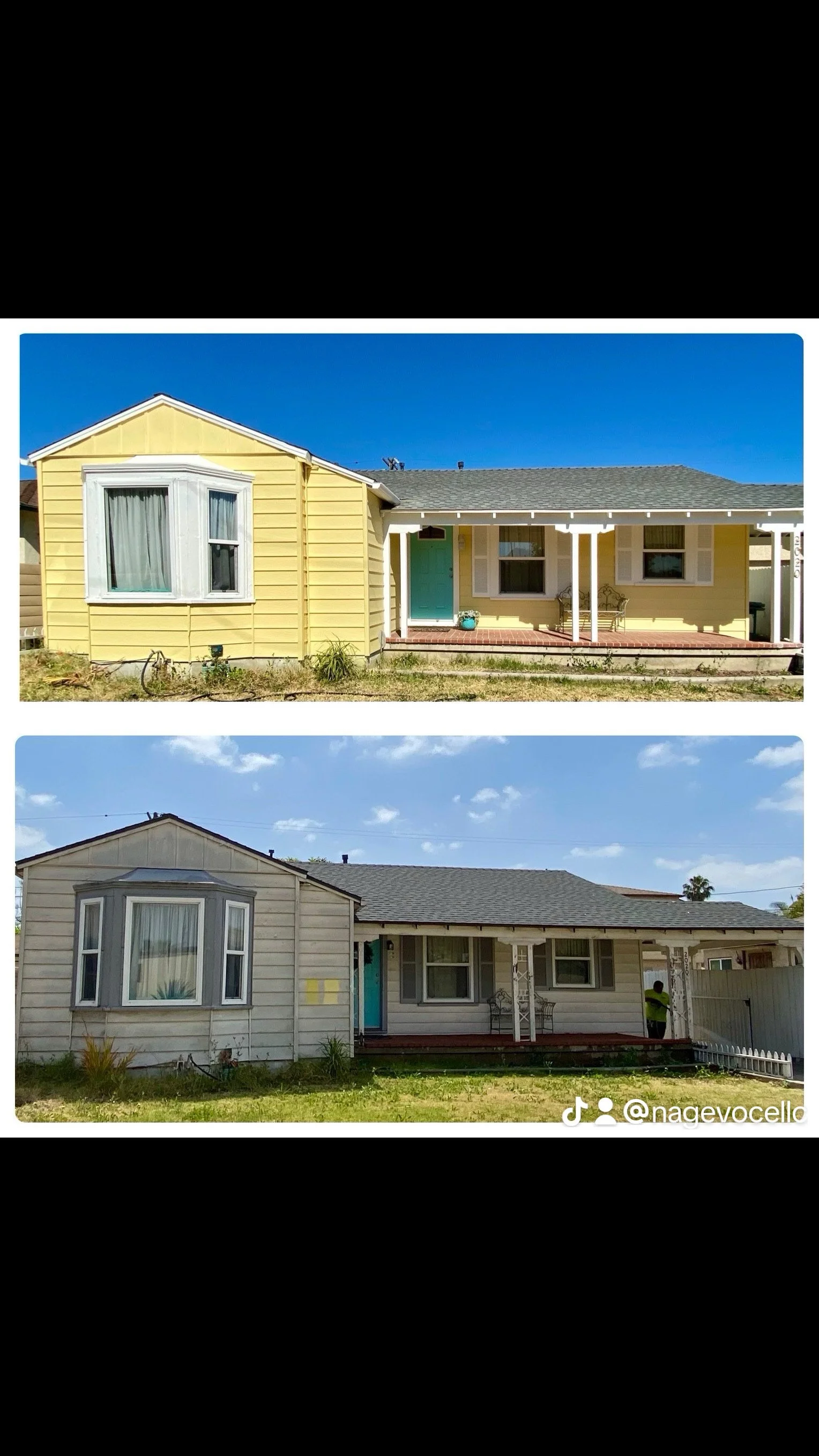 Before-and-after photos of a yellow single-story house with a front porch, bay window, and turquoise door.