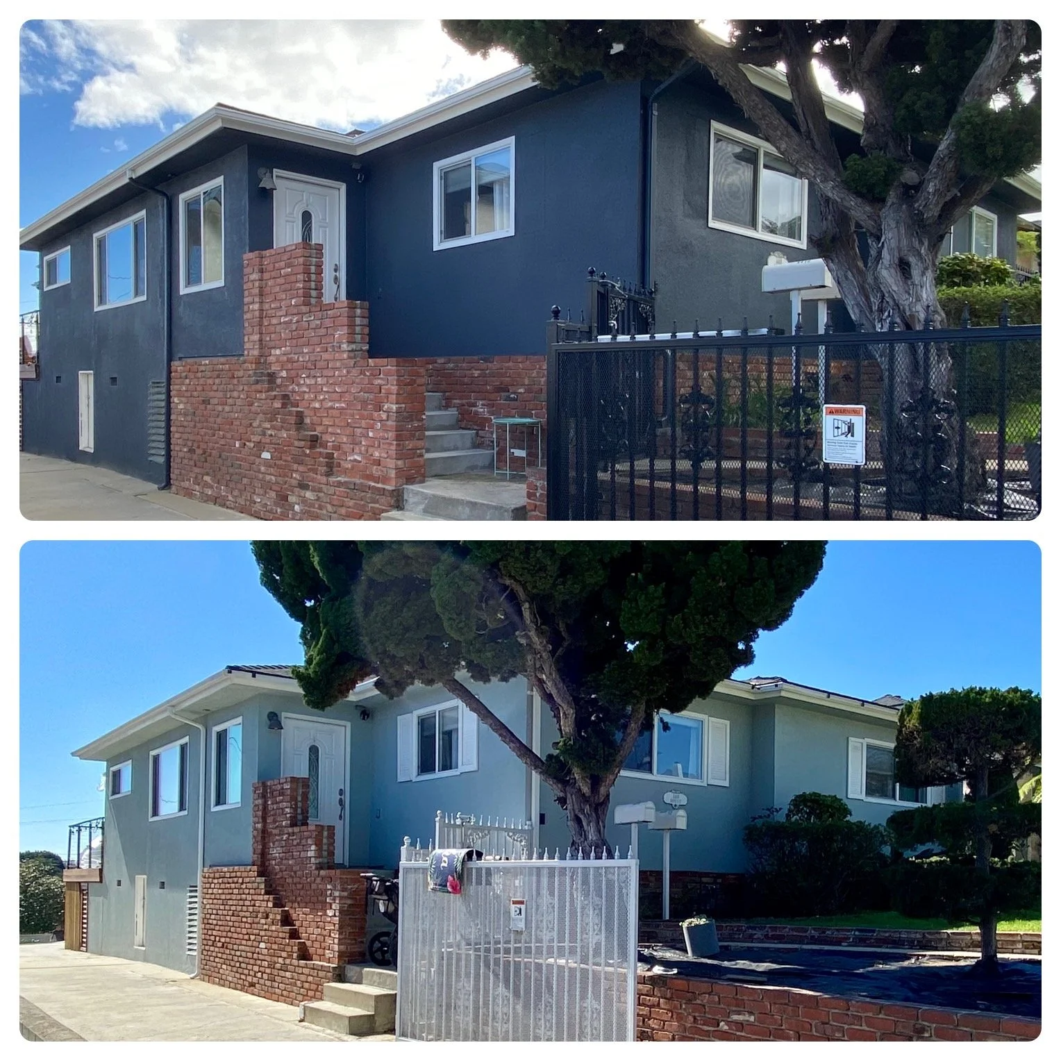 Two views of a single-story dark blue-gray house with white trim, red brick walls, fenced front yard, mailbox, and manicured trees.