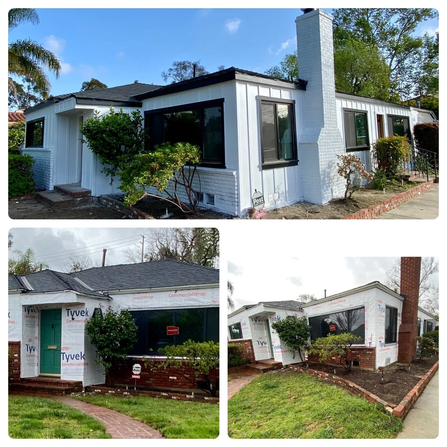 Three-photo collage showing a renovated white ranch-style house with black-trimmed windows, white brick chimneys, landscaping, and construction wrap before completion.