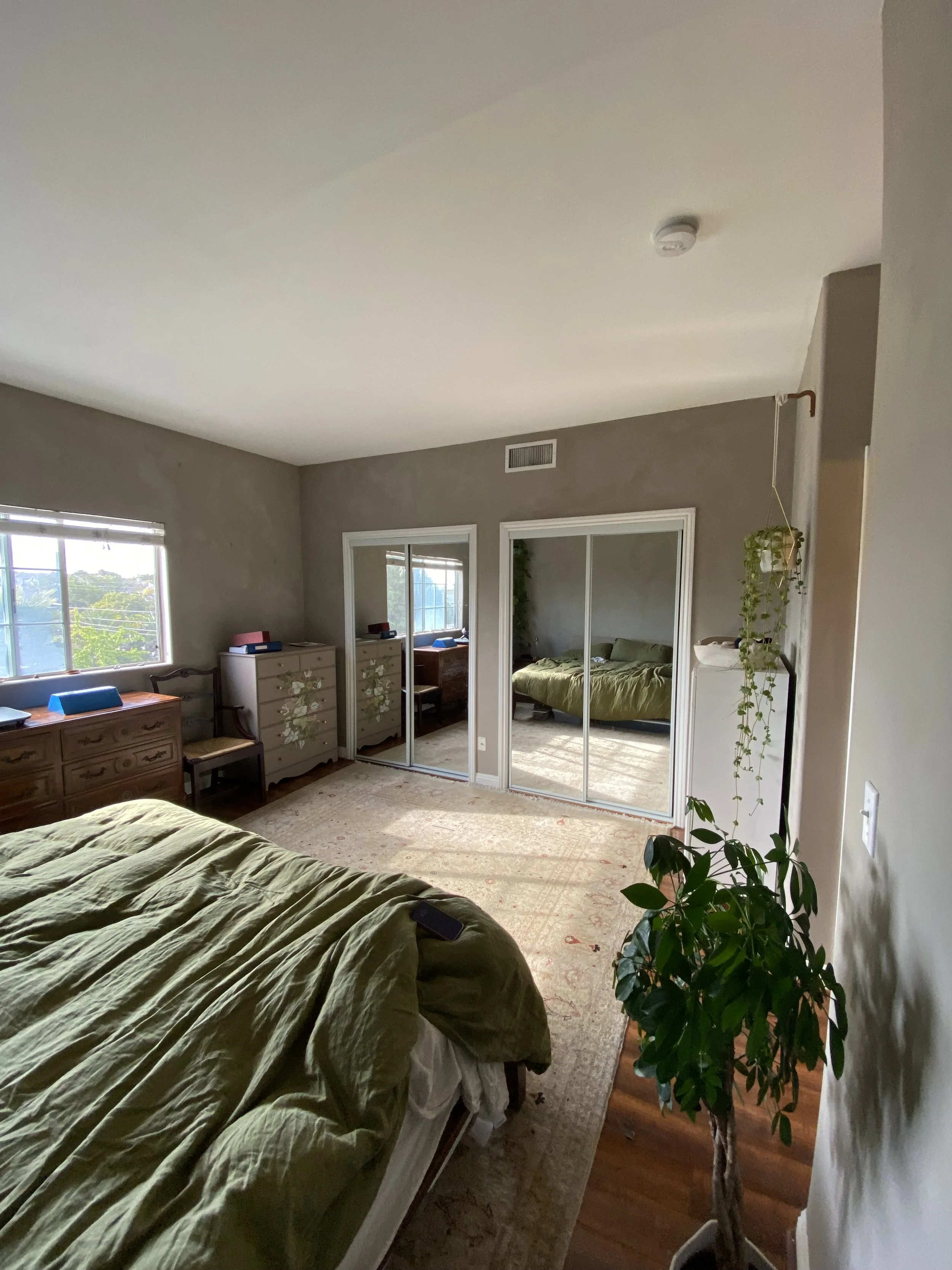 Spacious bedroom with a green-covered bed, mirrored sliding closet doors, dresser, windows, patterned rug, and indoor plants.
