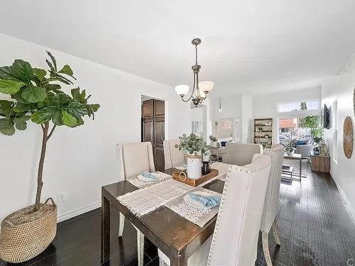 Bright modern dining room with a dark wood table, upholstered chairs, chandelier, large potted fiddle-leaf fig, and open view into the living area