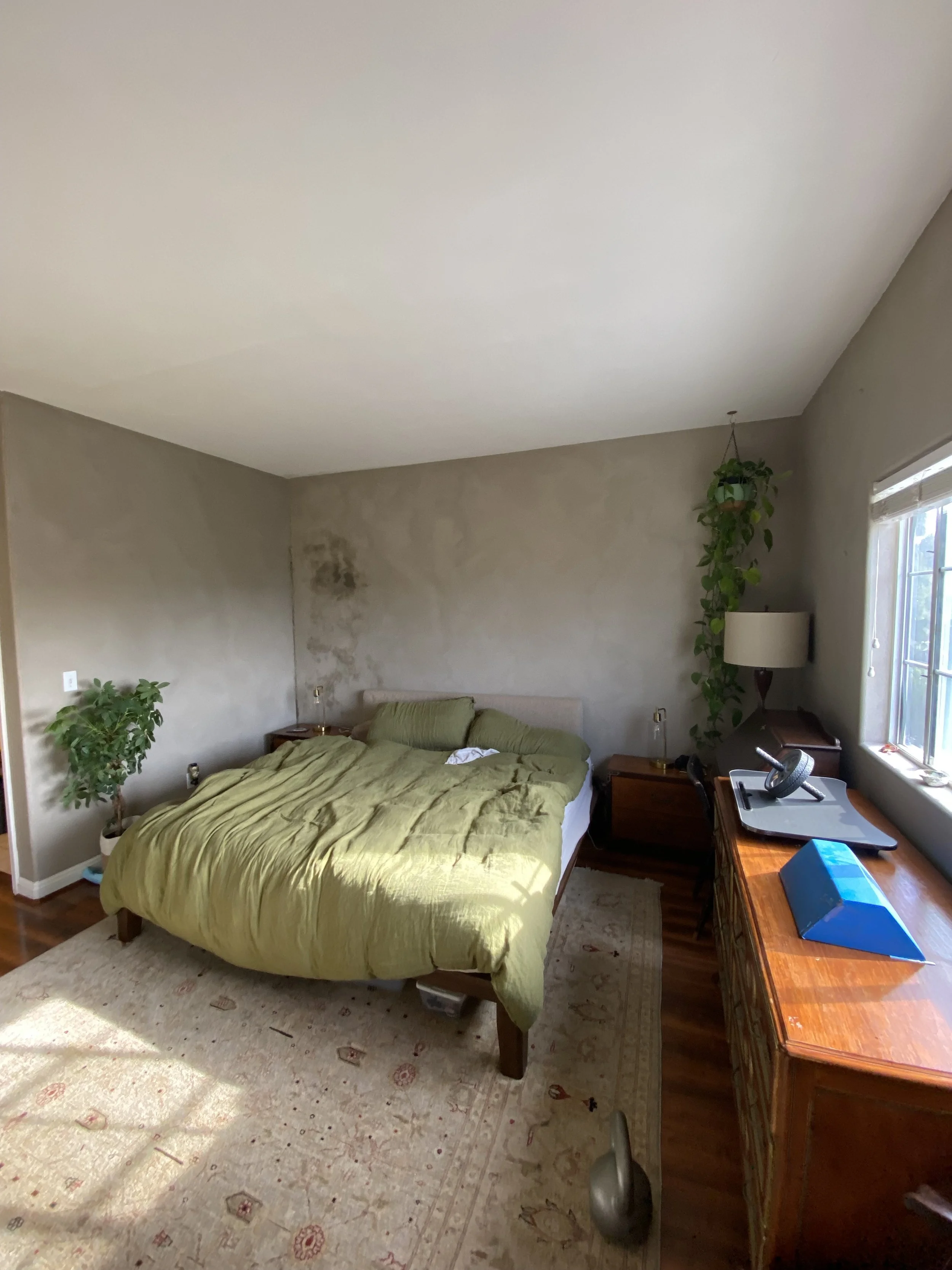 Bright bedroom with a green-covered bed, plants, wooden furniture, area rug, and sunlit windows.