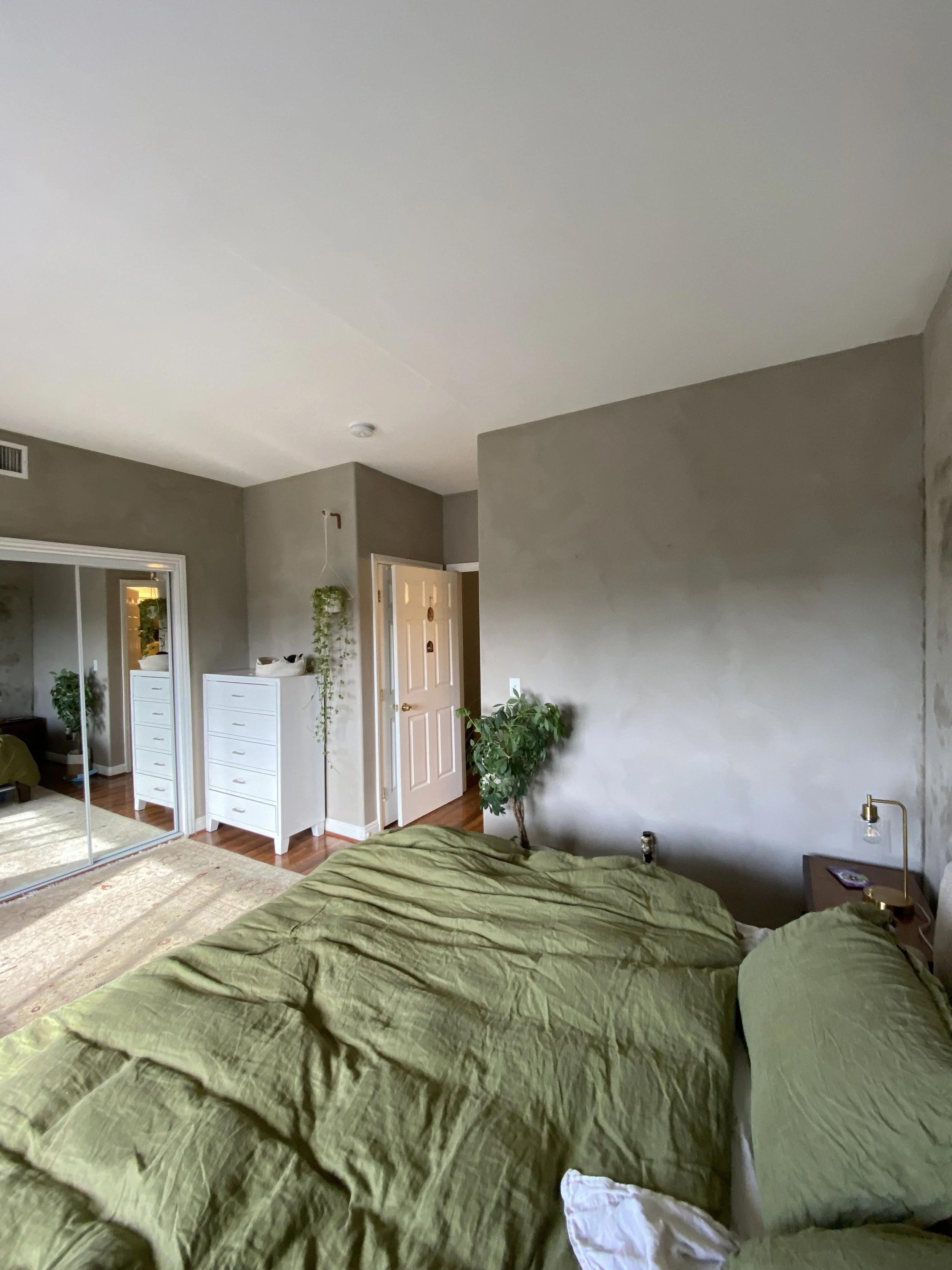 Bedroom with an unmade green bed, mirrored closet doors, white dresser, potted plants, and an open door.