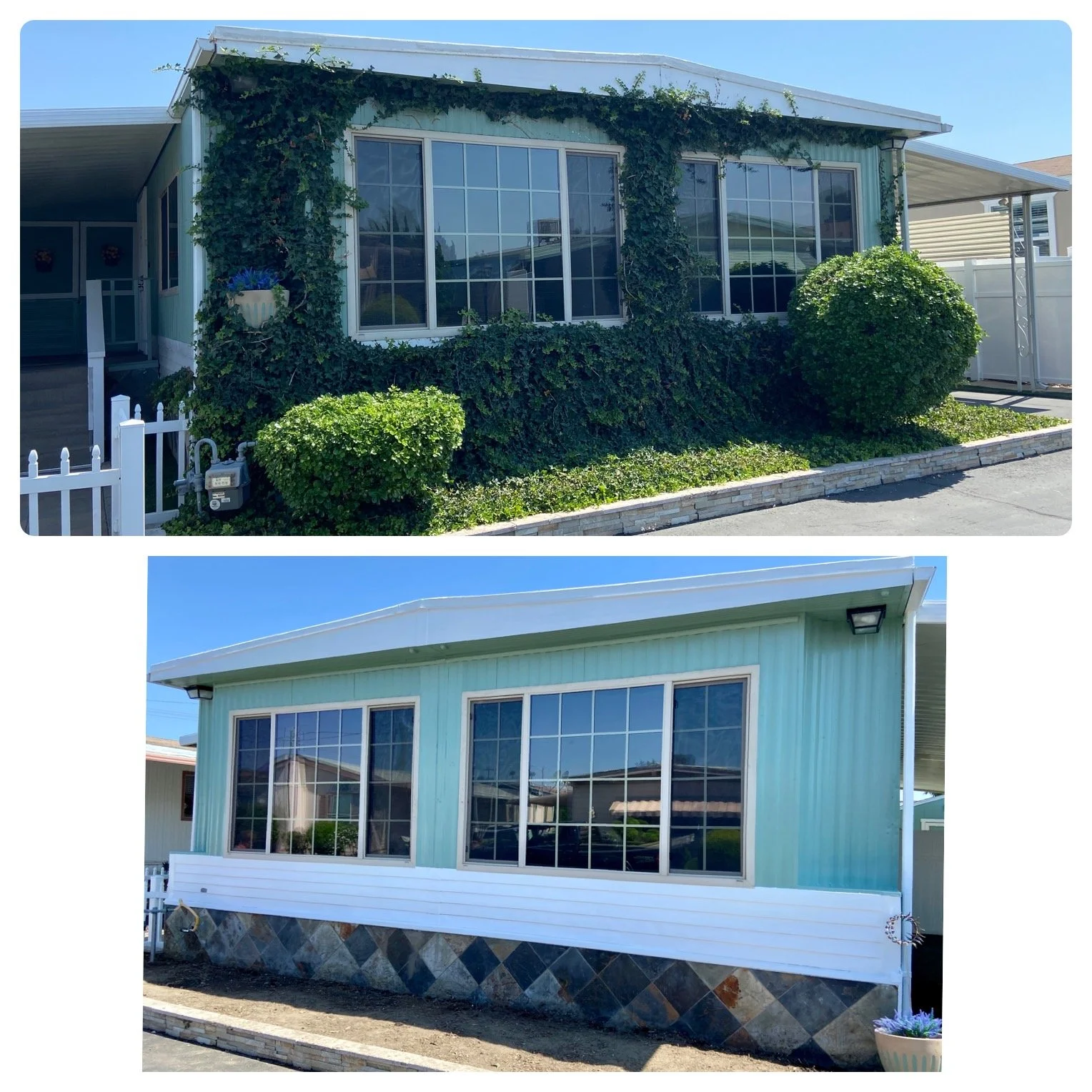 Exterior views of a light blue manufactured home with large grid-pane windows, ivy-covered facade, landscaped shrubs, and decorative stone skirting.