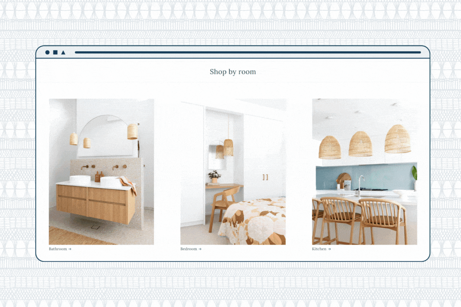 Shopify website layout for Lighthouse Lane showing design inspiration for bathroom, bedroom, and kitchen with wooden accents.