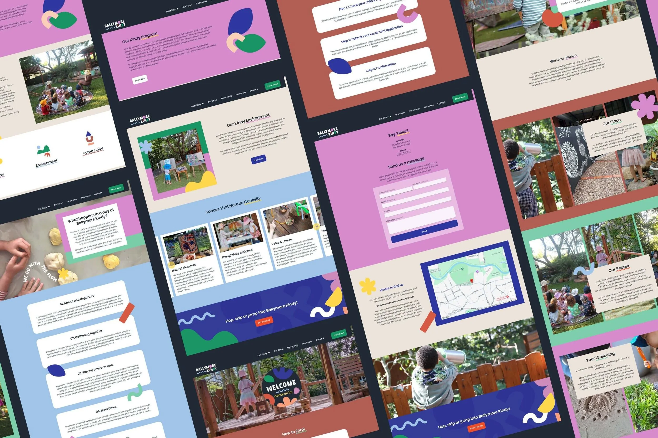 Ballymore Kindy website redesign, playful colour palette and illustrated brand elements