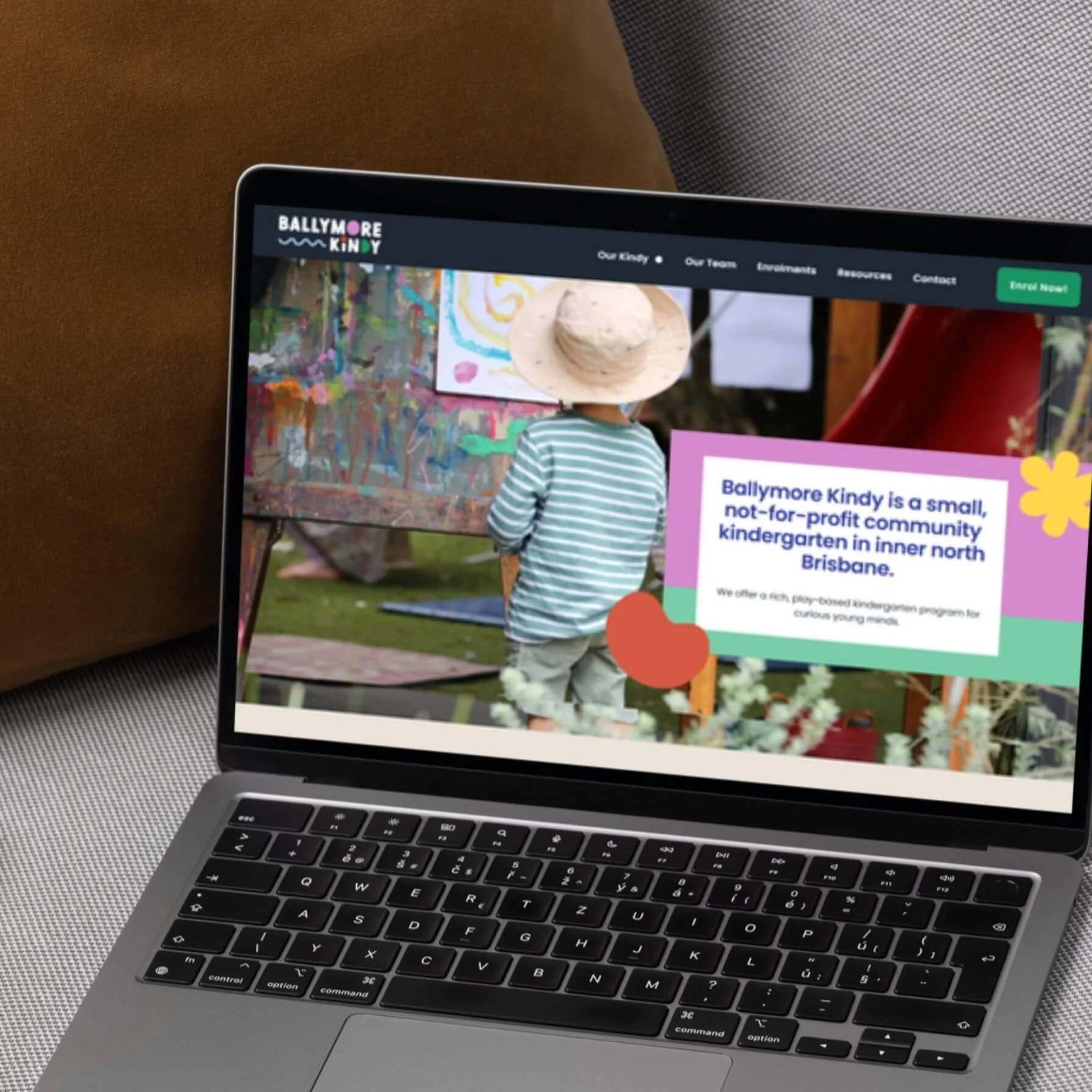 Ballymore Kindy website homepage with colourful brand identity and nature photography