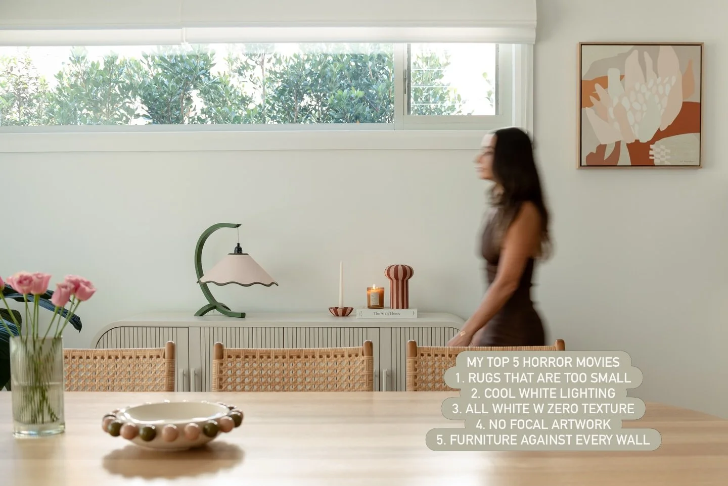 Design isn&rsquo;t about rules, but these are 5 things I rarely recommend in a home. Which one do you agree with most?
	1.	Rugs that are too small: size up always.
	2.	Cool white lighting: warm it up, your space will thank you.
	3.	All white with zer