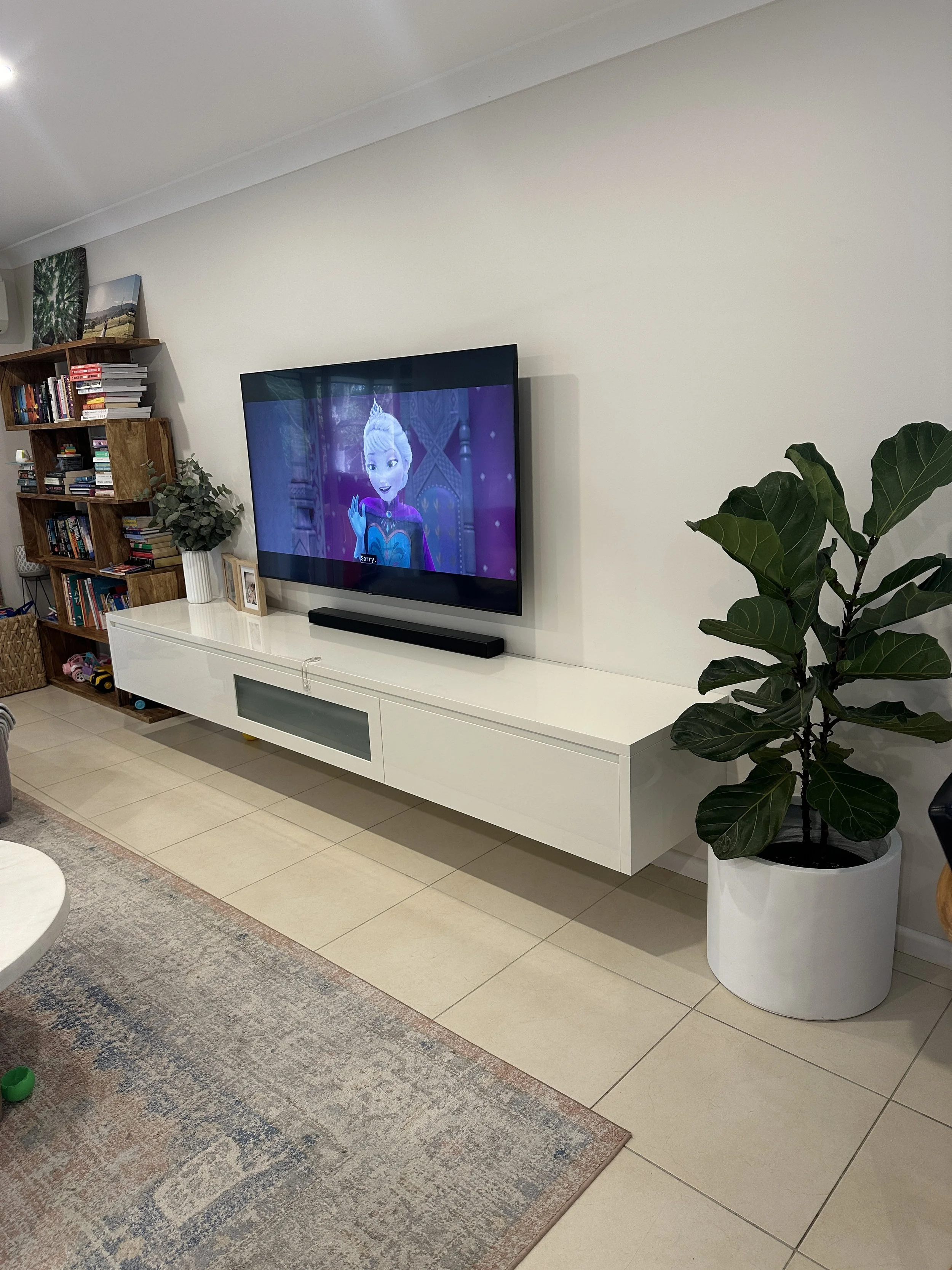 Living room with a mounted television displaying an animated character, a white media console below, and a large potted plant on the right side. There's a bookshelf with books and decorations on the left side.