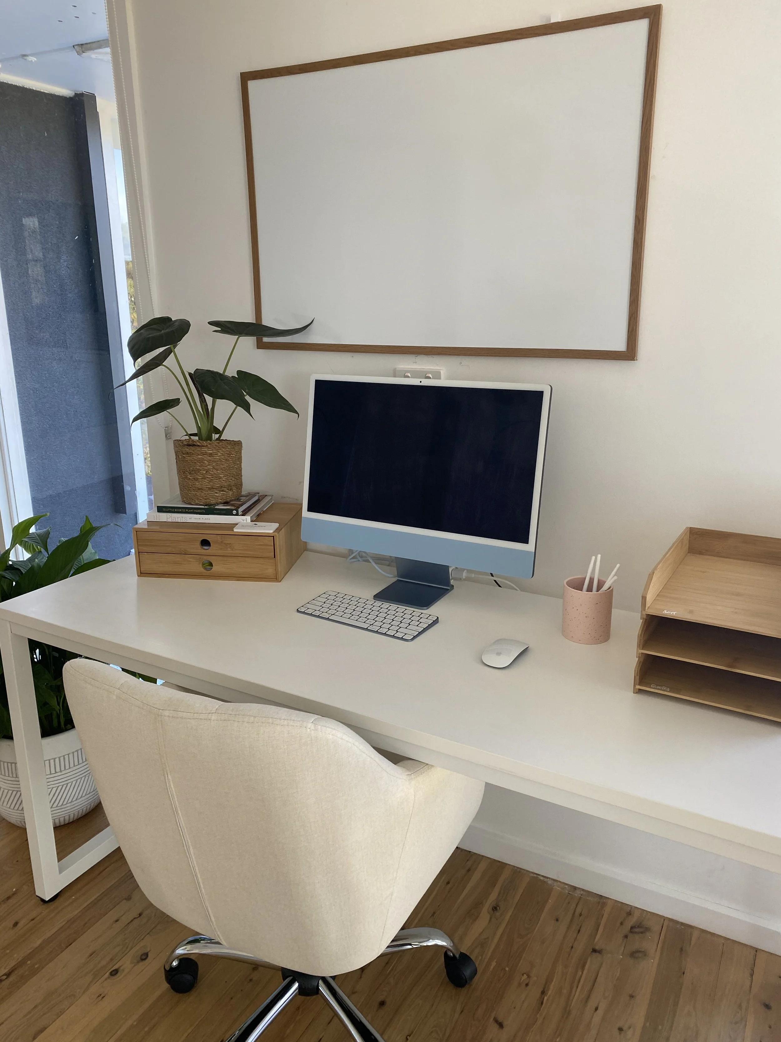 Neutral home office styling with calm and balanced aesthetic