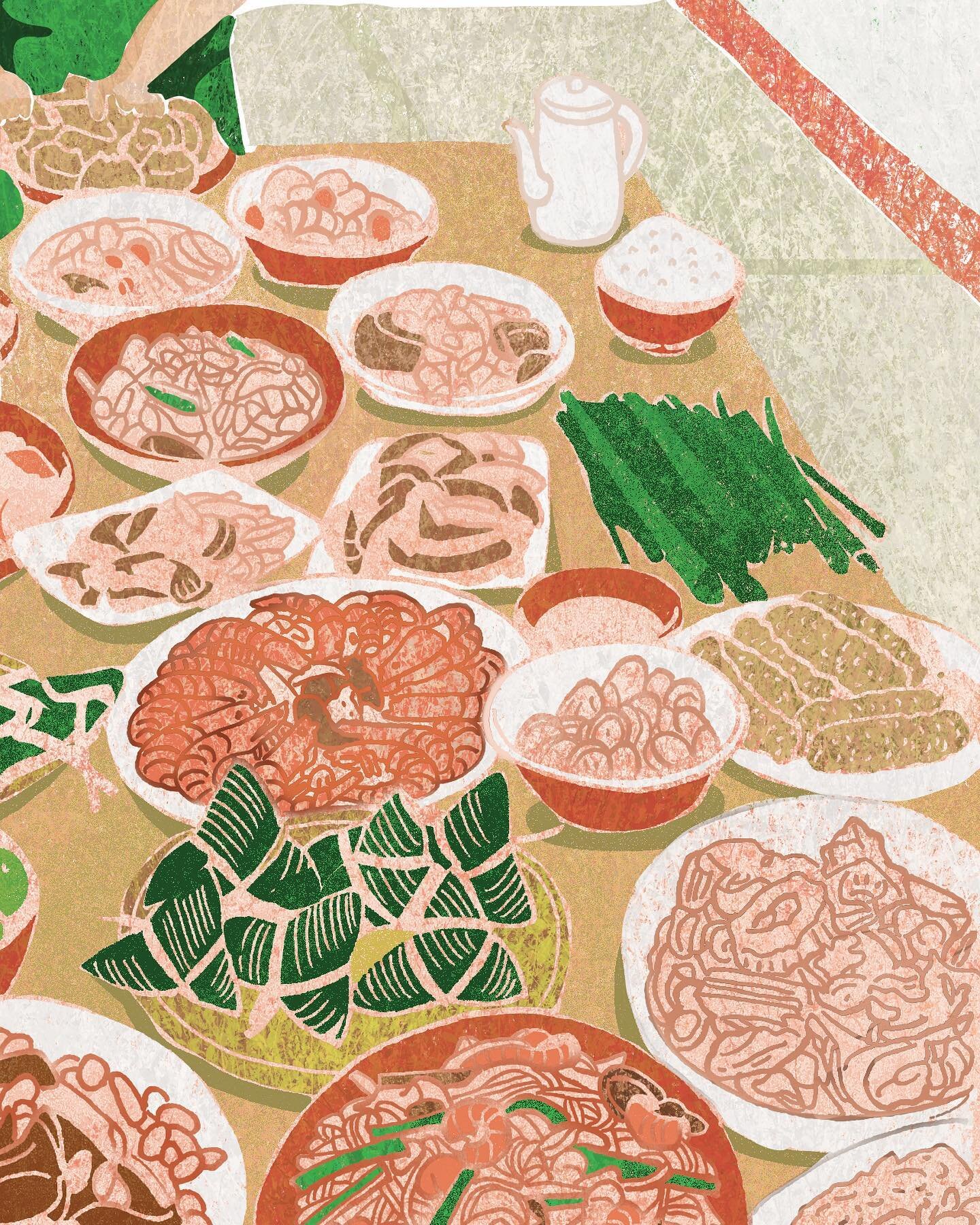 Miss my mum and grandmum&rsquo;s food. It always looks like this, tons of foods on the day of Dragon Boat festival in the south of Taiwan.

在墨爾本買到了南部粽，但很想念家裡總是準備拜拜的一桌食物，澎湃！

#illustration #illustrationartists #foodillustration #dragonboatfestival #ta