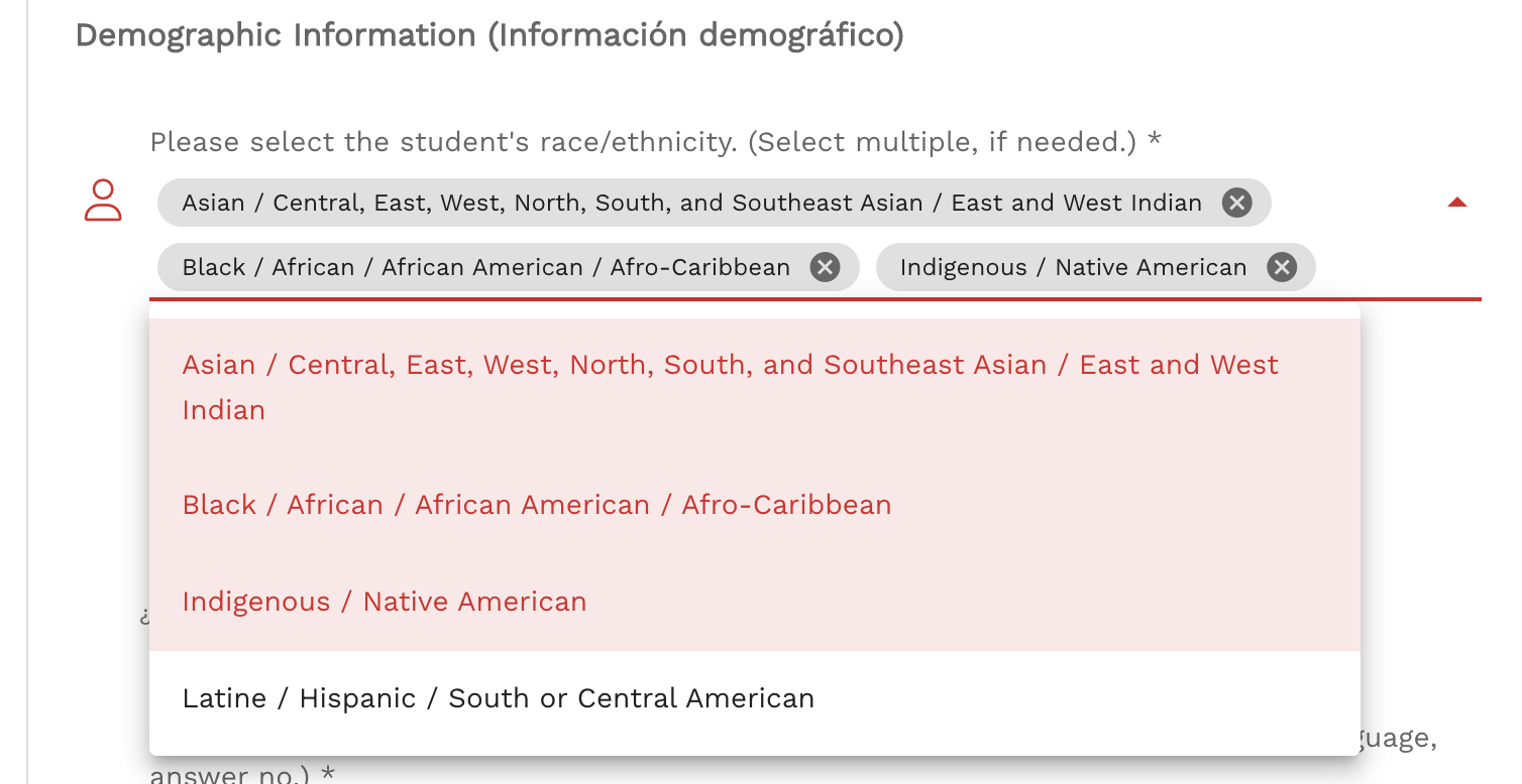 Options listed under race/ethnicity include: