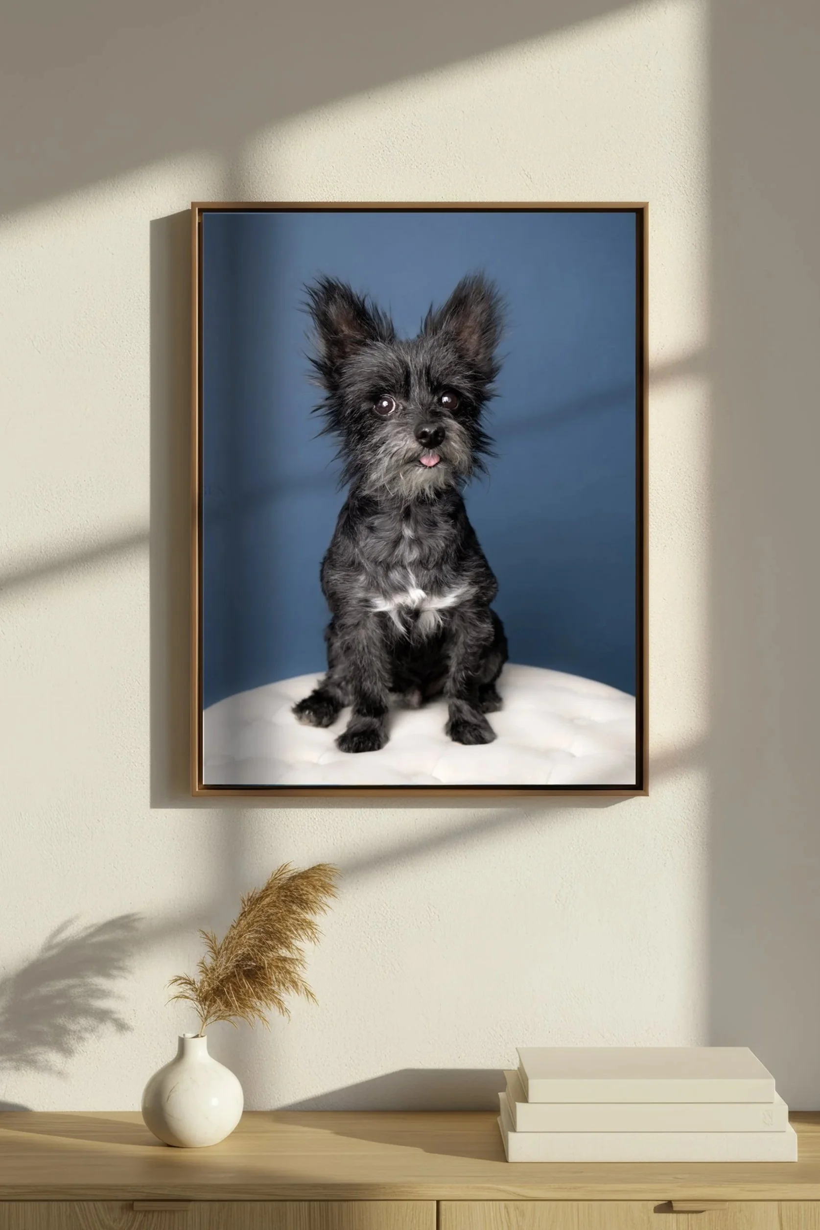 Framed photo of a small black and gray dog with large ears, sitting on a white surface against a blue background, with pink tongue slightly sticking out.