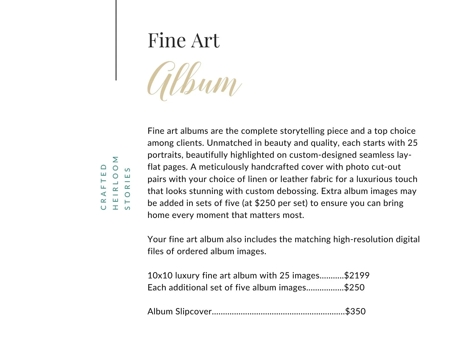 A webpage for a fine art album, describing custom-designed portrait albums with handmade covers and matching digital files, pricing details, and options for additional sets.