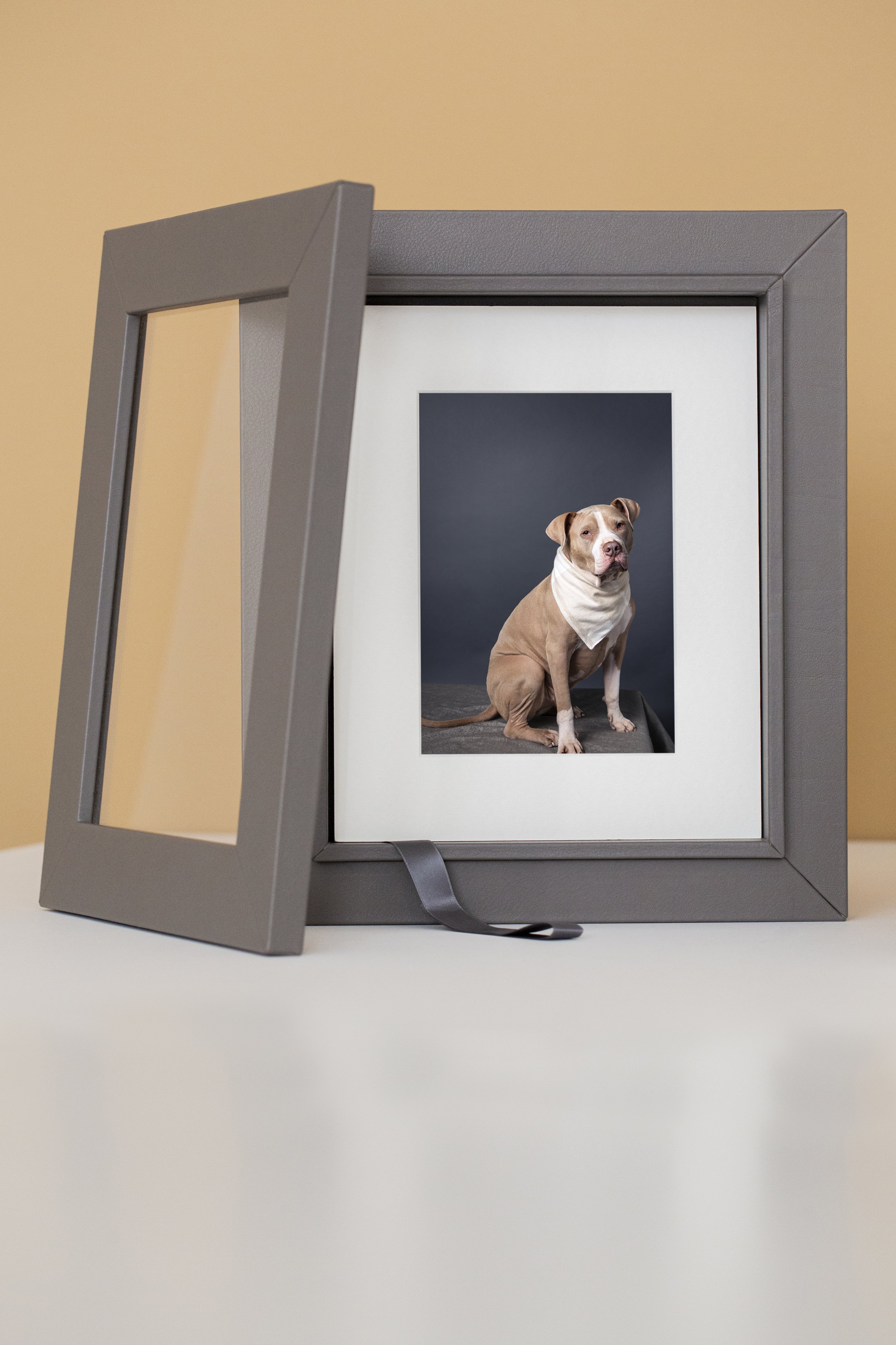 Framed photo of a dog wearing a white bandana in a minimalist gray frame on a table.
