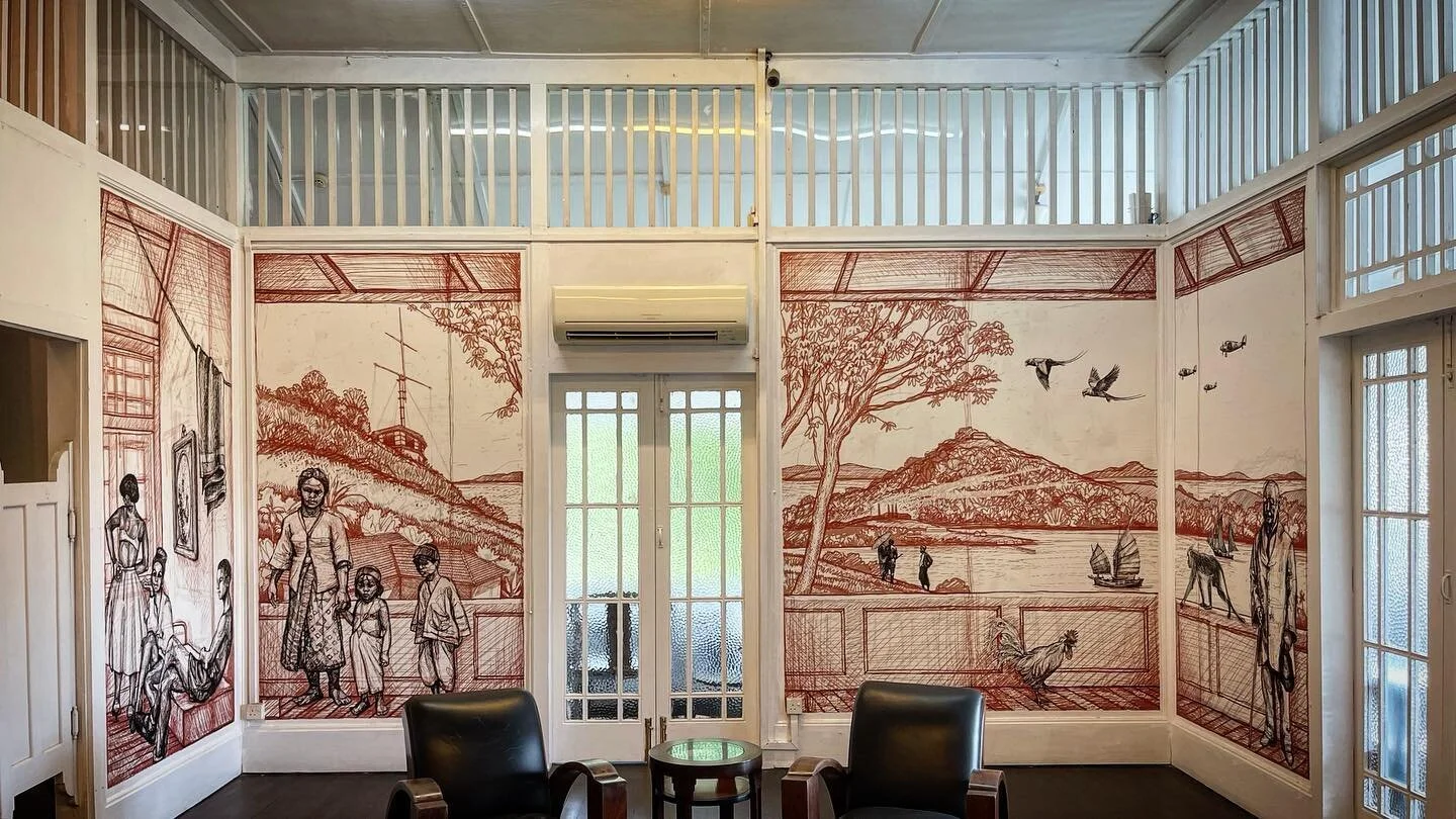 In Camera: Installation @temenggongsg  Open now til 27 November - Free Entry!
.
On the east wall we see a view from the house that combines different sights from the last century. 
.
On the left is the flagstaff and signal station operated by the har