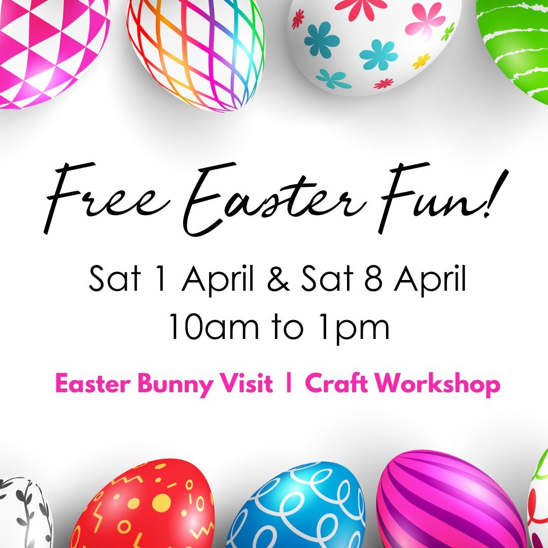 Happening Today + Next Saturday 👇👇
🐰 FREE EASTER FUN FOR THE KIDS!
Saturday 1 April &amp; Saturday 8 April
10am to 1pm

We have some awesome fun lined up for you in the lead up to Easter, including an appearance by the Easter Bunny handing out yum