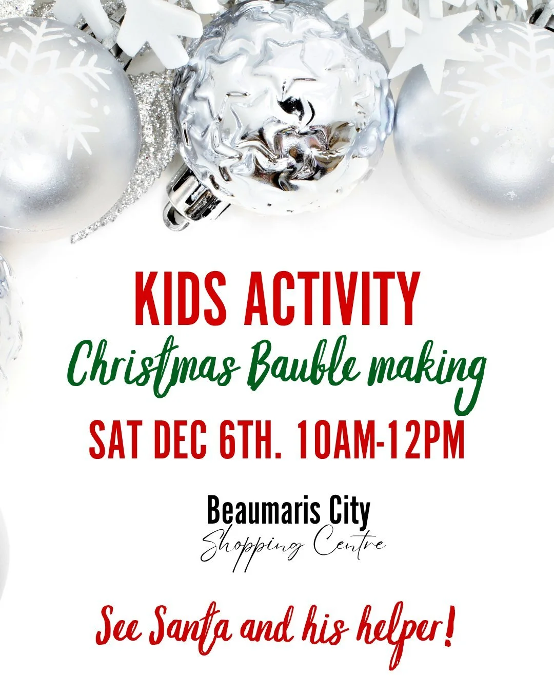 Are you looking for the perfect Christmas event out with the family? 🎁

Beaumaris City Shopping Centre is hosting a family friendly event tomorrow! 

Enjoy Christmas Bauble making. Where your kids can make the perfect decoration and memory for years