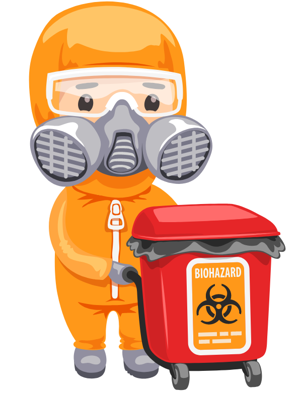 PPE suit with biohazard bin for disposal of covid-19 test kit